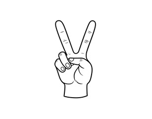 A minimalist white outline illustration of a human hand making the Vsign for peace or victory.