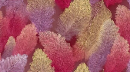 Seamless Colorful feathers in pink, purple, and gold, arranged in a vibrant pattern.