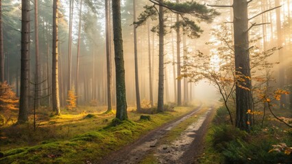 Beautiful forest scenery with sunlight and fog nature background wallpaper for desktop and mobile screens