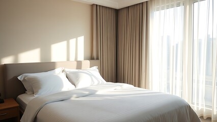 A serene hotel room bathed in morning light, with neatly made bed and sheer curtains.