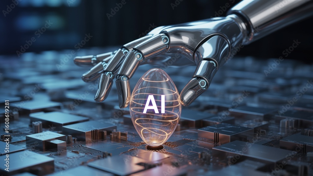Poster startup seed technology concept. a robotic hand interacts with a digital egg symbolizing ai.