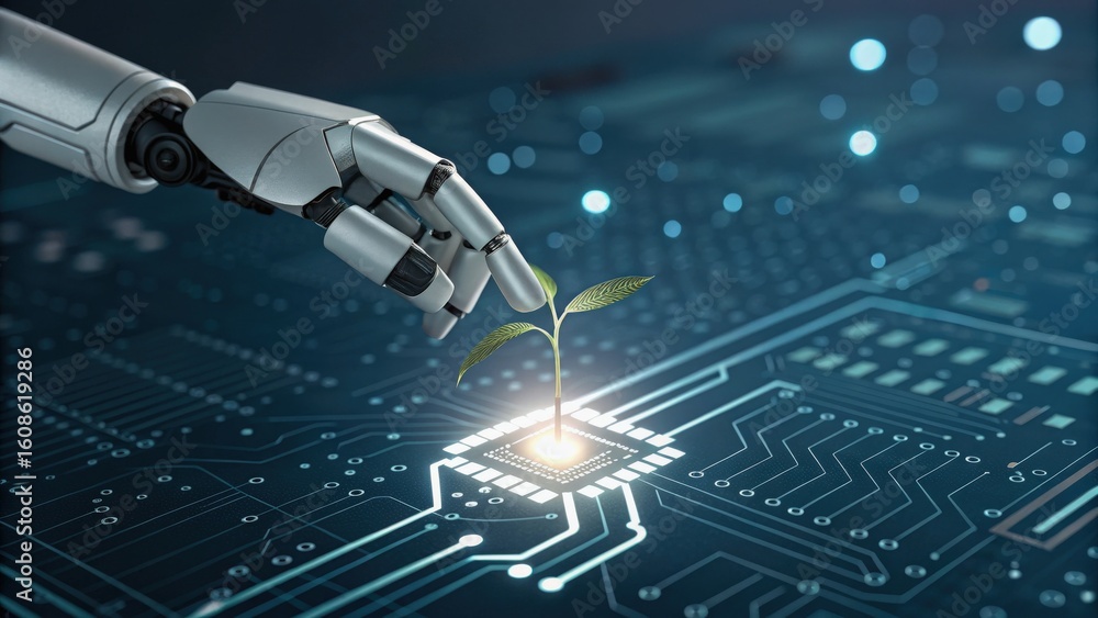 Poster startup seed technology concept. robot hand nurturing a seedling on a circuit board background.