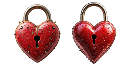 Set of Two Red Heart-Shaped Padlocks on Transparent Background