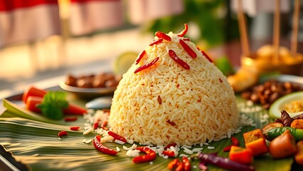 Festive tumpeng rice cone with colorful side dishes, embodying Indonesian Independence Day's culinary traditions.