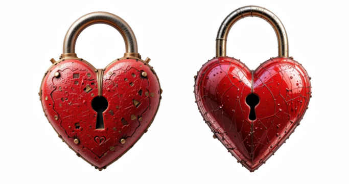 Set of Two Red Heart-Shaped Padlocks on Transparent Background