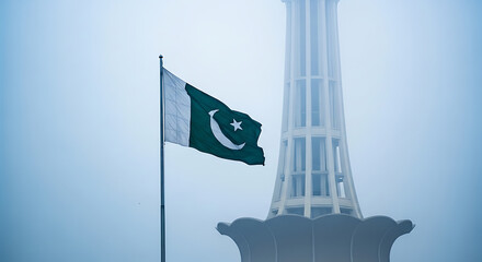 Pakistan flag waving next to minar e pakistan monument on a foggy day in lahore city