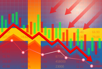 Fototapeta premium Sweden Economy. Flag of Sweden with Falling Financial Graph. Economic Crisis and Global Recession Concept. Vector Illustration. 