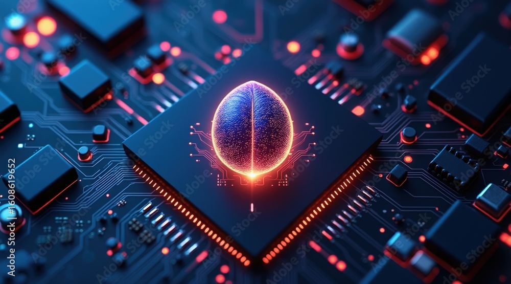 Poster startup seed technology concept. futuristic circuit board with glowing brain symbolizing technology.