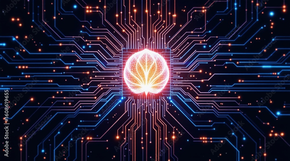 Poster startup seed technology concept. digital tree design with circuits symbolizing technology and nature