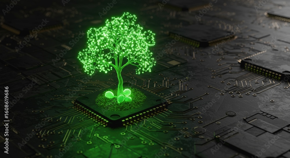 Poster startup seed technology concept. digital tree growing from a circuit board, symbolizing technology a