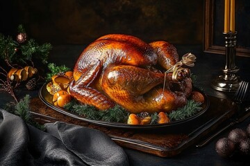 A beautifully presented roast turkey centerpiece for Christmas dinner.