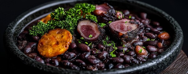 Traditional Brazilian feijoada featuring black beans.
