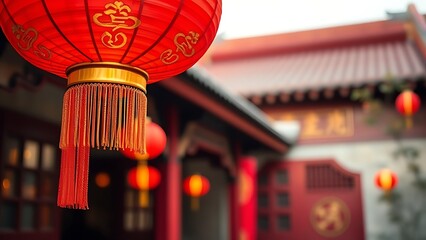 Vibrant red lantern with golden tassels against blurred courtyard, glowing with festive national symbolism.