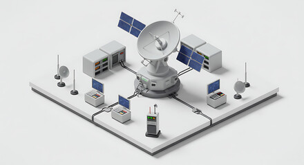 Satellite control center with solar panels and radio, exploring communication technology solutions today