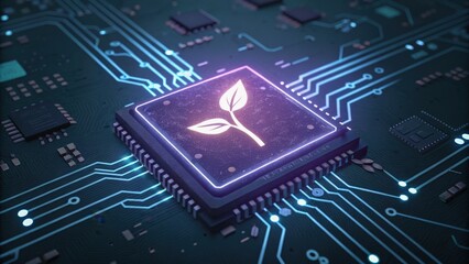 Startup Seed Technology concept. Green plant symbol on a microchip circuit board design.