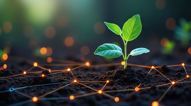 Startup Seed Technology concept. Young plant emerging from soil with glowing connections around it.