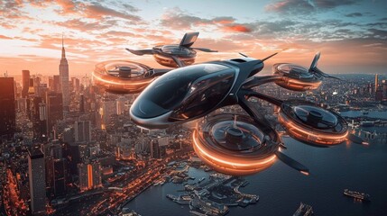 Vertical flying cars revolutionizing urban transportation.