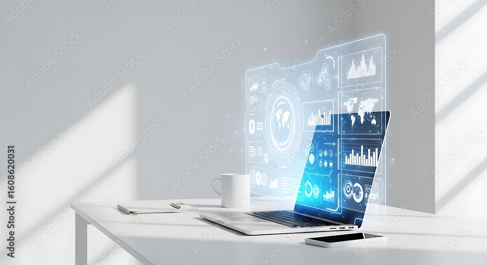Aufkleber laptop displaying data visualizations on a white desk with a mug and a smartphone nearby