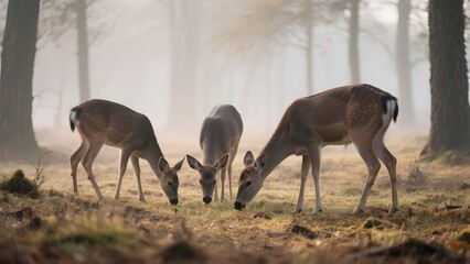 Three deer grazing in a misty forest clearing