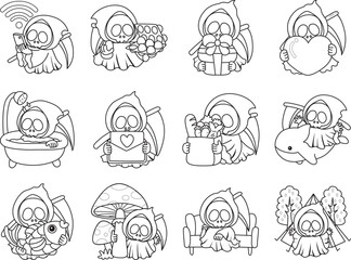 Illustration of cute skull ghost icon.
Funny skull ghost in activities stickers.
Angel of death cute elements.