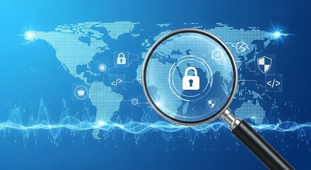 A magnifying glass focuses on a padlock over a world map with security icons on a blue background