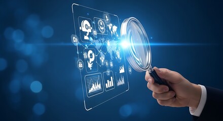Hand holding magnifying glass over digital interface with world map and various data icons shown