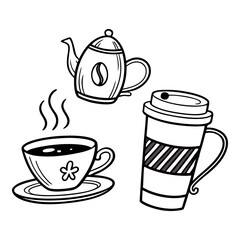 Coffee and Tea Drinkware Doodle Icons Set | Hand-Drawn Cups and Mugs Vector Clipart for Cafe and Branding

