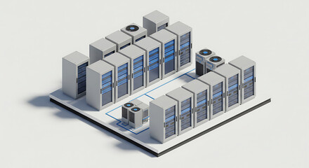 Modern isometric server room illustration showcasing data storage and network infrastructure solutions