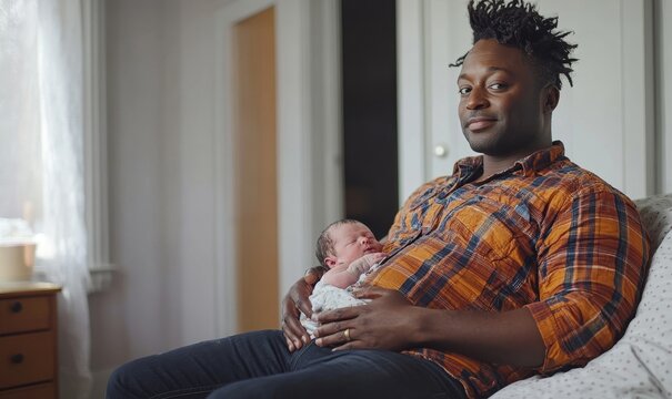 Heavily pregnant transgender man at home, anticipating the birth of his baby, representing inclusivity and the diverse experiences of transgender individuals in family and parenting, Generative AI