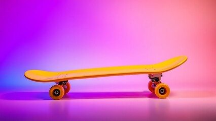 A vibrant yellow skateboard against a neon gradient background, exuding dynamic energy.