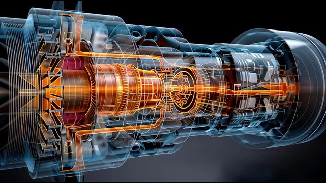 Lubrication systems Concept. A detailed, cutaway 3D render of a jet engine shows complex interior components and airflow, highlighting advanced turbine technology.