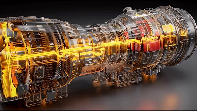 Lubrication systems Concept. A detailed digital rendering of a jet engine, showcasing its internal components with glowing highlighted pathways.