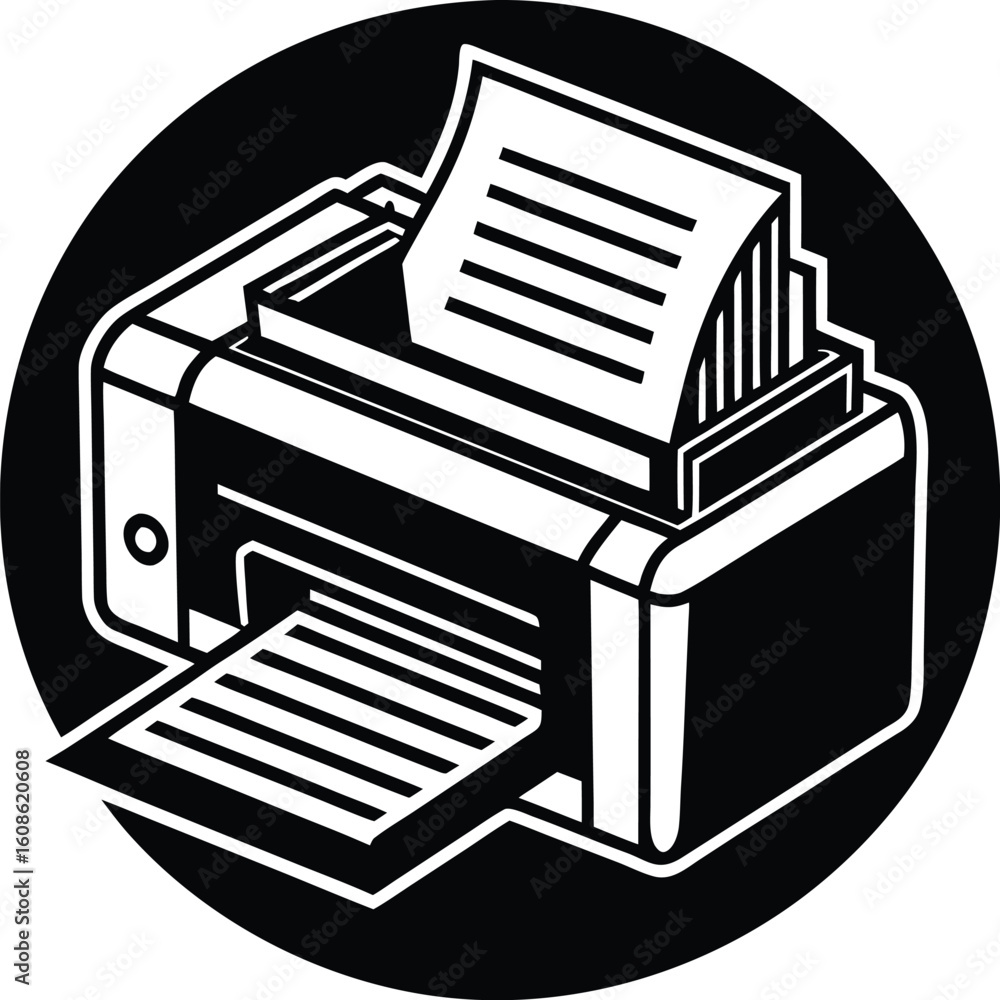 Poster printer with paper output silhouette isolated on transparent background
