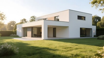 Modern two-story house with minimalist design and large windows, surrounded by a well-maintained garden.
