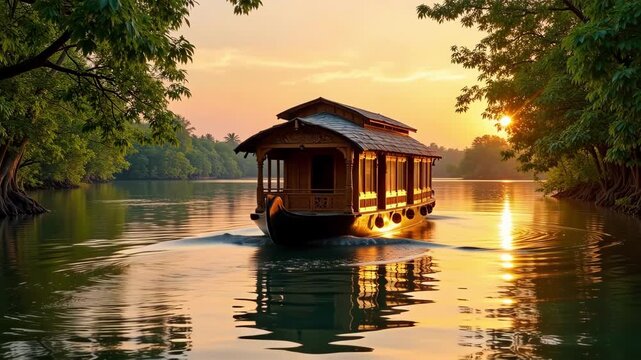 Golden Sunset Houseboat Journey Through Kerala's Lush Backwaters, India - A Serene Evening Escape on Reflective Waters Amid Mangrove Forests