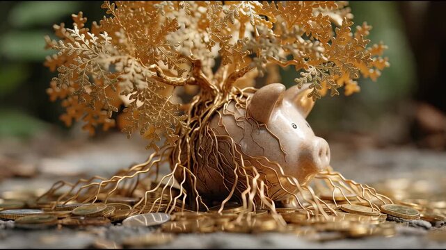 A piggy bank with golden tree branches and roots sits atop a pile of scattered coins, symbolizing financial growth.