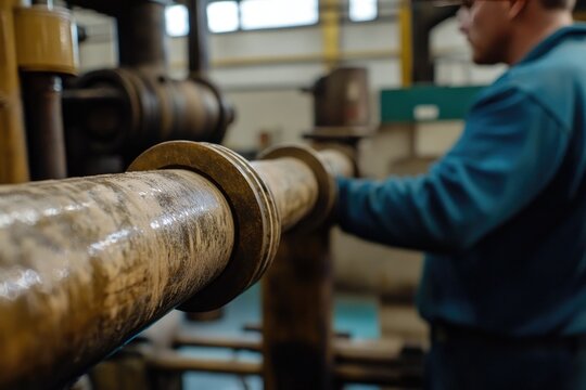 Industrial worker checks machinery pipe