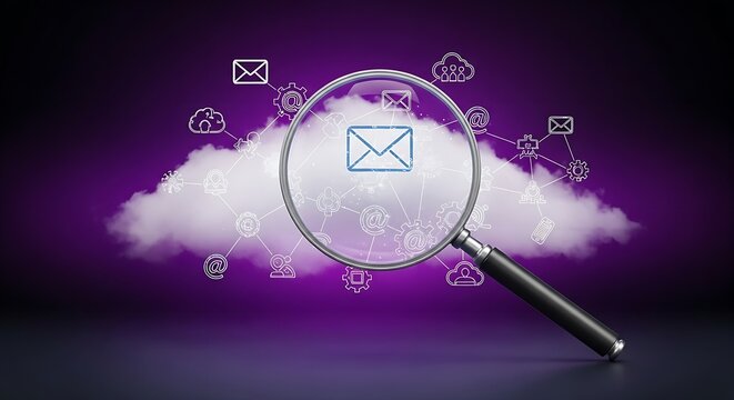 Email envelope icon magnified over cloud with network connections on a purple background scene