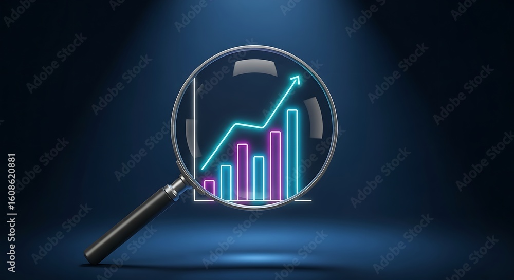 Poster a magnifying glass showing a graph with bars and a rising line on a dark blue background studio shot