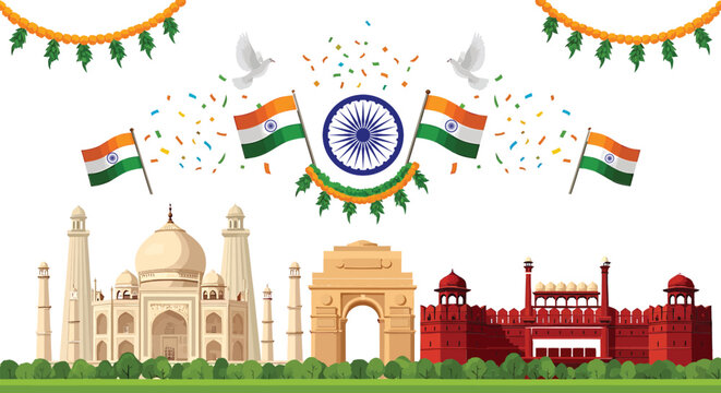 Illustration showcasing Indian landmarks like the Taj Mahal, India Gate, and Red Fort, decorated with Indian flags, confetti, doves, and garlands.
