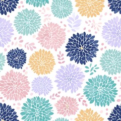 Seamless A colorful floral pattern with various blooms on a white background.