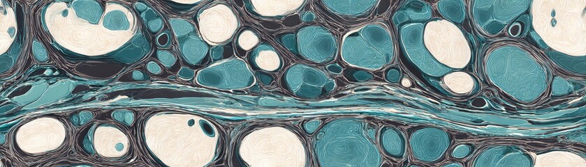 Seamless Abstract background with turquoise bubbles and black lines, artistic design element.