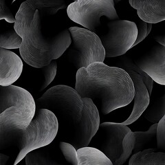 Seamless Abstract black and white fluid shapes on dark background, perfect for design use.