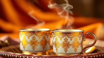 Traditional Arabic coffee cups with gold designs, steam rising against saffron fabric, warm and festive.