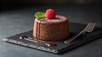 Decadent chocolate lava cake dessert recipe with raspberry and mint garnish food photography close up