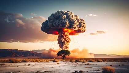 A mushroom cloud explosion over a desolate landscape at sunset