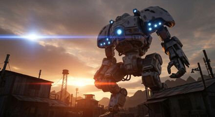 A towering robotic figure strides across a desolate, industrial landscape at sunset.
