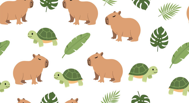 Seamless pattern featuring cartoon capybaras and turtles interspersed with various green tropical leaves on a white background.