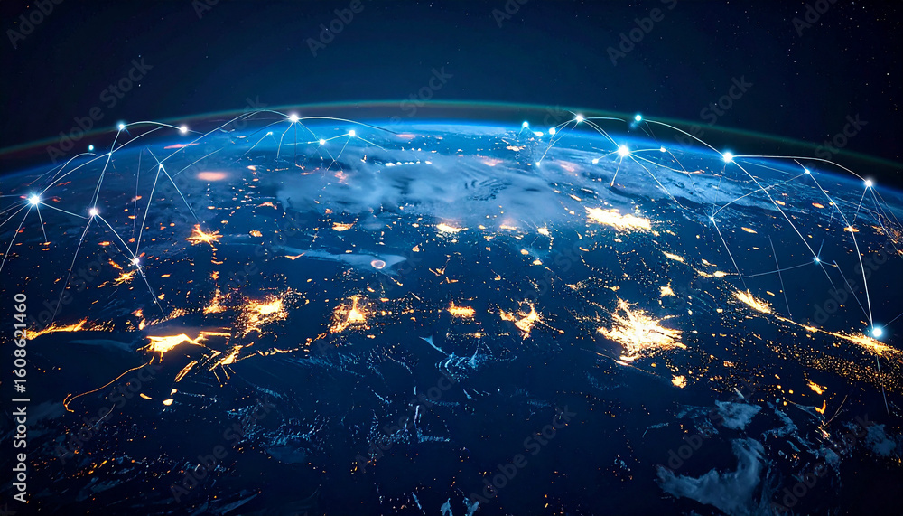 Poster global network: an eye-level, a captivating view of planet earth illuminated by city lights, a netwo