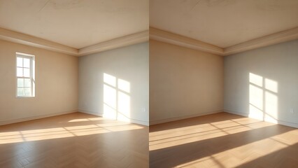Architectural visualization comparing a worn room to its renewed version with natural lighting.
